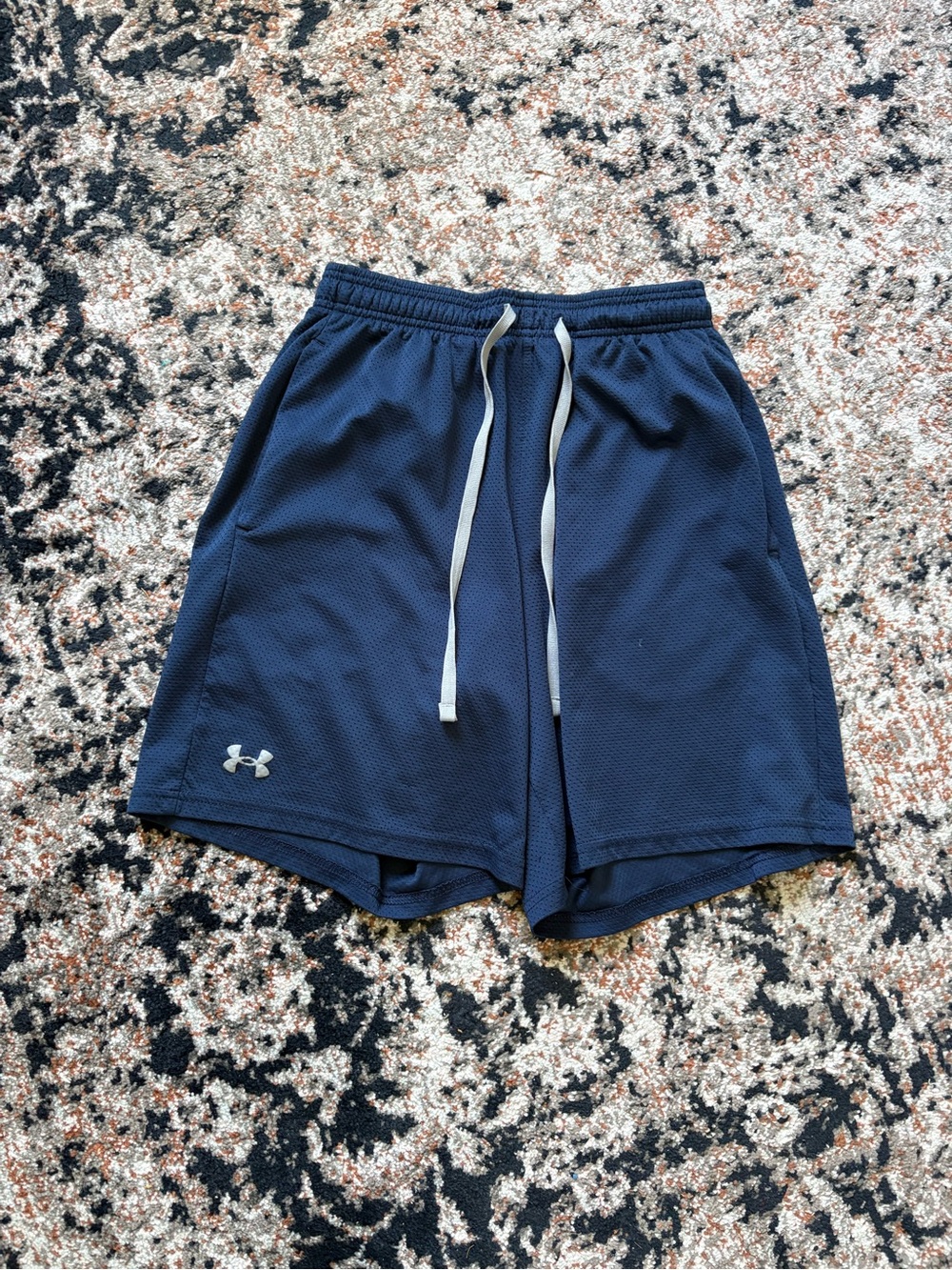Under Armour Men's Navy Athletic Mesh Shorts with White Drawstring